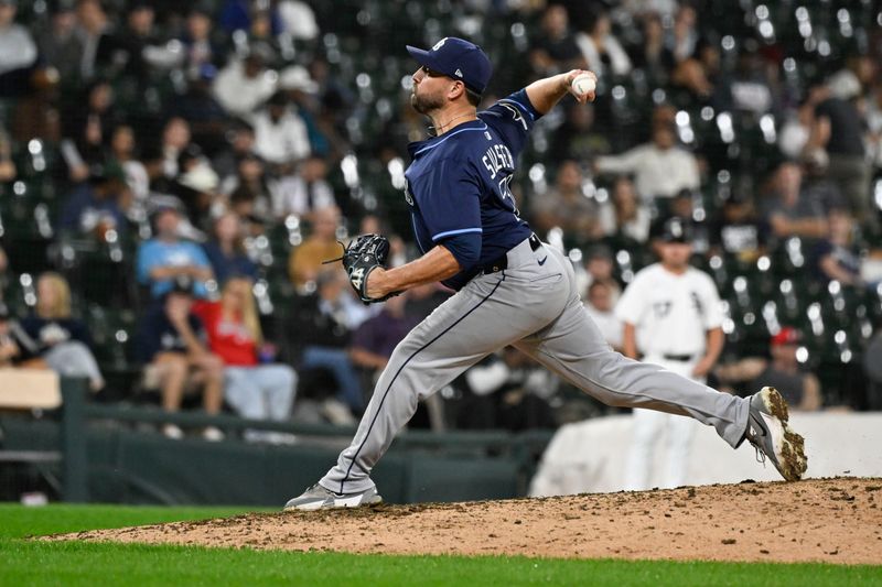 Sep 10, 2025; Chicago, Illinois, USA; Tampa Bay Rays pitcher Cole Sulser (71) delivers during the seventh inning against the Chicago White Sox at Rate Field. Mandatory Credit: Matt Marton-Imagn Images