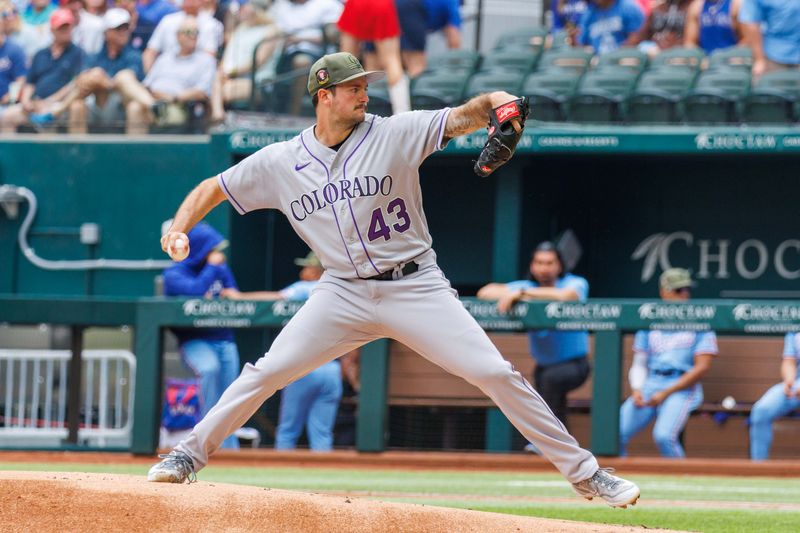 May 21, 2023; Arlington, Texas, USA; Colorado Rockies starting pitcher Connor Seabold (43) throws during the first inning against the Texas Rangers at Globe Life Field. Mandatory Credit: Andrew Dieb-USA TODAY Sports