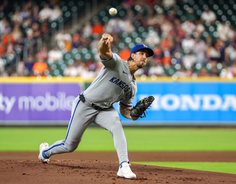 May 14, 2025; Houston, Texas, USA; Kansas City Royals starting pitcher Michael Lorenzen (24) pitches against the Houston Astros in the first inning at  Daikin Park. Mandatory Credit: Thomas Shea-Imagn Images