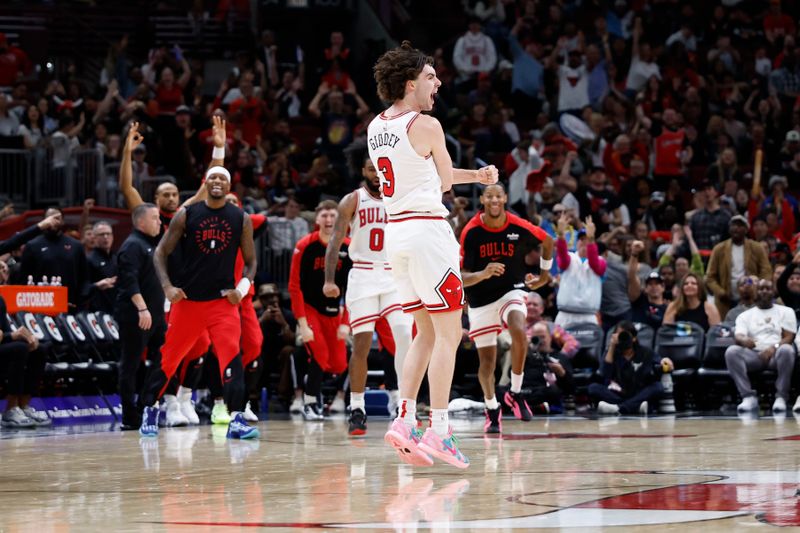 CHICAGO, IL - OCTOBER 30: Josh Giddey #3 of the Chicago Bulls celebrates during the game against the Orlando Magic on October 30, 2024 at United Center in Chicago, Illinois. NOTE TO USER: User expressly acknowledges and agrees that, by downloading and or using this photograph, User is consenting to the terms and conditions of the Getty Images License Agreement. Mandatory Copyright Notice: Copyright 2024 NBAE (Photo by Kamil Krzaczynski/NBAE via Getty Images)