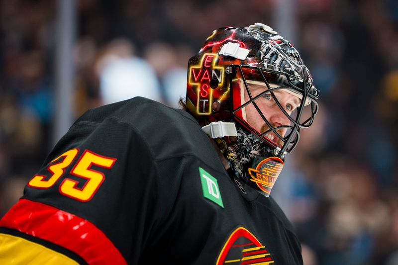 Oct 28, 2025; Vancouver, British Columbia, CAN; Vancouver Canucks goalie Thatcher Demko (35) during a stop in play against the New York Rangers in the third period at Rogers Arena. Mandatory Credit: Bob Frid-Imagn Images