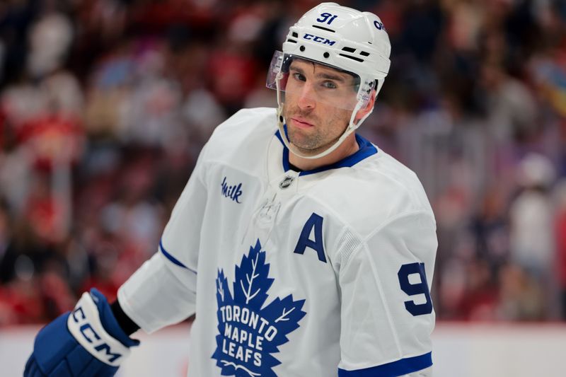 Apr 8, 2025; Sunrise, Florida, USA; Toronto Maple Leafs center John Tavares (91) looks on against the Florida Panthers during the second period at Amerant Bank Arena. Mandatory Credit: Sam Navarro-Imagn Images