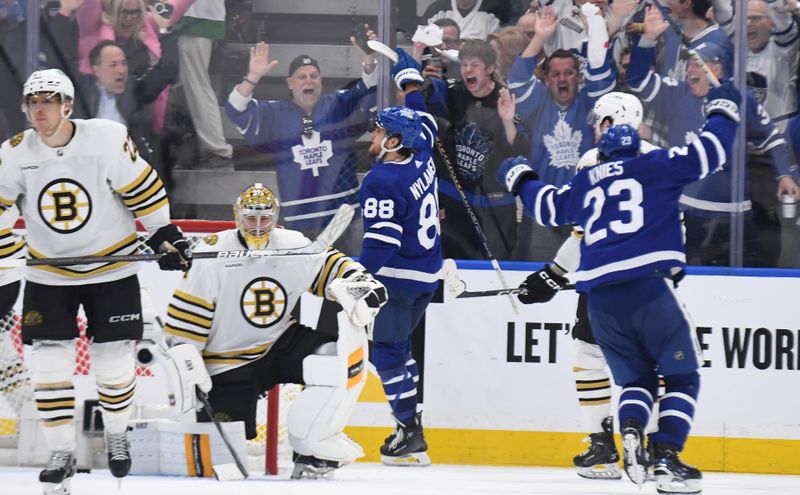 May 2, 2024; Toronto, Ontario, CAN;   Toronto Maple Leafs forward William Nylander (88) celebrates after scoring a goal past Boston Bruins goalie Jeremy Swayman (1) in the second period in game six of the first round of the 2024 Stanley Cup Playoffs at Scotiabank Arena. Mandatory Credit: Dan Hamilton-USA TODAY Sports