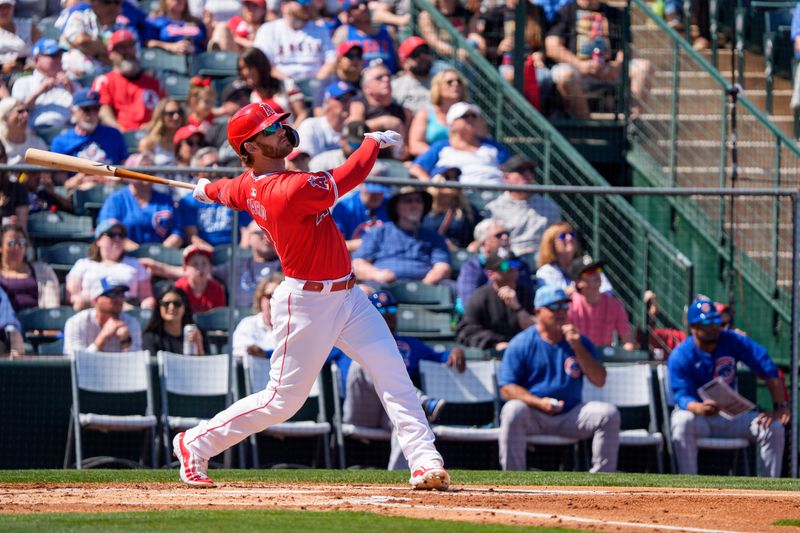 Mar 16, 2024; Tempe, Arizona, USA; Los Angeles Angels outfielder Taylor Ward (3) during his at bat in the second during a spring training game against the Chicago Cubs at Tempe Diablo Stadium. Mandatory Credit: Allan Henry-USA TODAY Sports