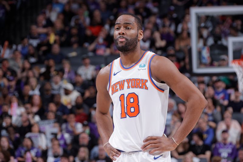 SACRAMENTO, CA - MARCH 16: Alec Burks #18 of the New York Knicks looks on during the game against the Sacramento Kings on March 16, 2024 at Golden 1 Center in Sacramento, California. NOTE TO USER: User expressly acknowledges and agrees that, by downloading and or using this Photograph, user is consenting to the terms and conditions of the Getty Images License Agreement. Mandatory Copyright Notice: Copyright 2024 NBAE (Photo by Rocky Widner/NBAE via Getty Images)