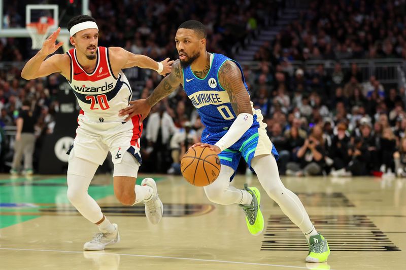 MILWAUKEE, WISCONSIN - NOVEMBER 24: Damian Lillard #0 of the Milwaukee Bucks drives to the basket against Landry Shamet #20 of the Washington Wizards during the second half of an In-Season Tournament game at Fiserv Forum on November 24, 2023 in Milwaukee, Wisconsin. NOTE TO USER: User expressly acknowledges and agrees that, by downloading and or using this photograph, User is consenting to the terms and conditions of the Getty Images License Agreement. (Photo by Stacy Revere/Getty Images)