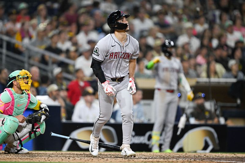 July 5, 2024; San Diego, California, USA; Arizona Diamondbacks center fielder Alek Thomas (5) hits a grand slam during the ninth inning against the San Diego Padres at Petco Park. Mandatory Credit: Denis Poroy-USA TODAY Sports