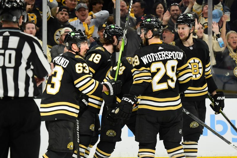 May 17, 2024; Boston, Massachusetts, USA; The Boston Bruins celebrate after a goal by center Pavel Zacha (18) during the first period in game six of the second round of the 2024 Stanley Cup Playoffs against the Florida Panthers at TD Garden. Mandatory Credit: Bob DeChiara-USA TODAY Sports