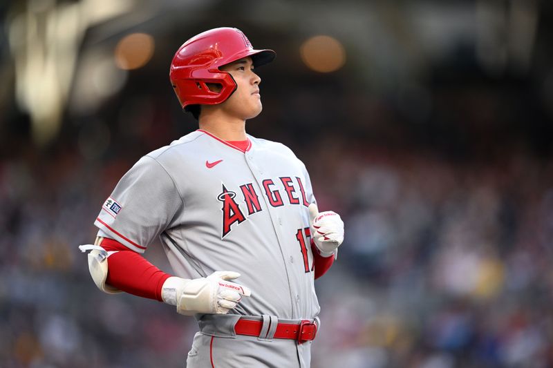 Jul 5, 2023; San Diego, California, USA; Los Angeles Angels designated hitter Shohei Ohtani (17) looks on against the San Diego Padres during the fifth inning at Petco Park. Mandatory Credit: Orlando Ramirez-USA TODAY Sports