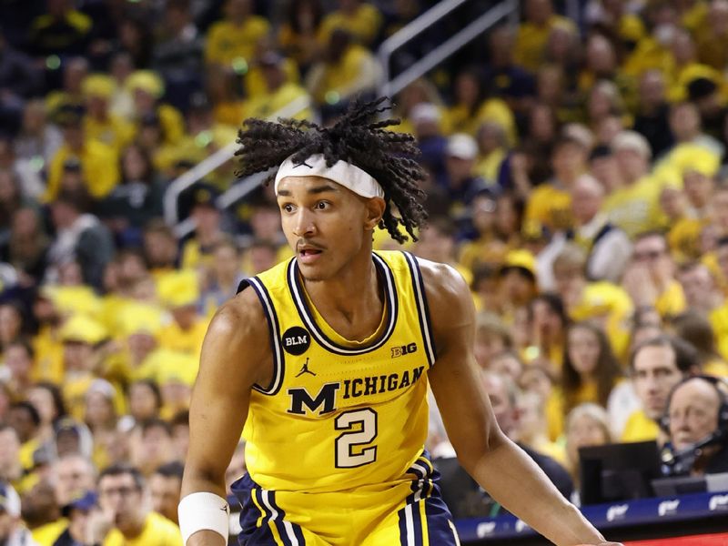 Feb 18, 2023; Ann Arbor, Michigan, USA;  Michigan Wolverines guard Kobe Bufkin (2) dribbles the ball against the Michigan State Spartans in the first half at Crisler Center. Mandatory Credit: Rick Osentoski-USA TODAY Sports