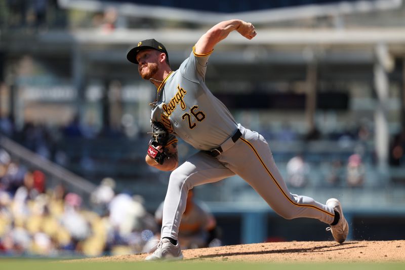 Aug 11, 2024; Los Angeles, California, USA;  Pittsburgh Pirates starting pitcher Bailey Falter (26) throws during the fifth inning against the Los Angeles Dodgers at Dodger Stadium. Mandatory Credit: Kiyoshi Mio-USA TODAY Sports