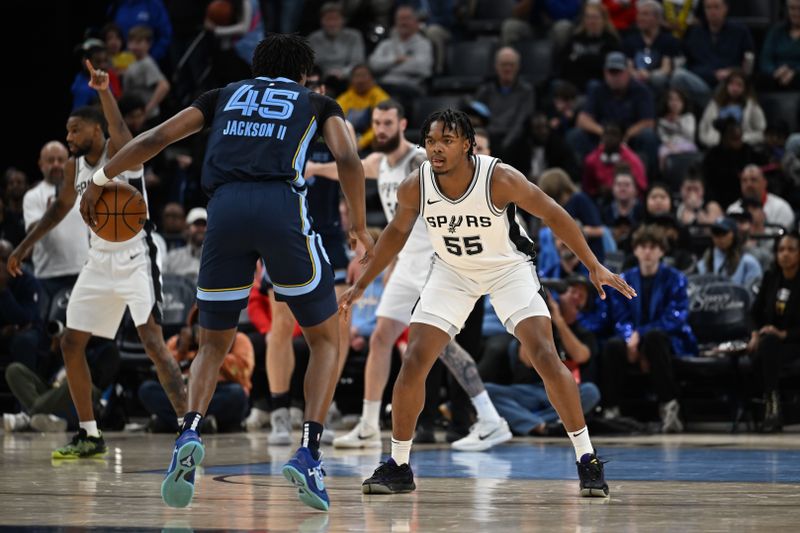 MEMPHIS, TN - FEBRUARY 3:   Harrison Ingram #55 of the San Antonio Spurs plays defense during the game against the Memphis Grizzlies on February  3, 2025 at FedExForum in Memphis, Tennessee. NOTE TO USER: User expressly acknowledges and agrees that, by downloading and or using this photograph, User is consenting to the terms and conditions of the Getty Images License Agreement. Mandatory Copyright Notice: Copyright 2025 NBAE (Photo by Grant Burke/NBAE via Getty Images)