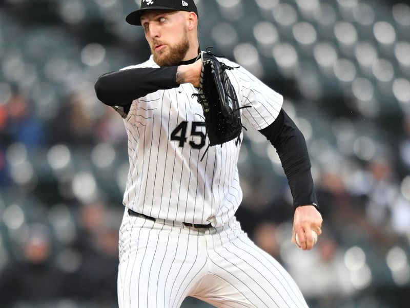 Apr 2, 2024; Chicago, Illinois, USA; Chicago White Sox starting pitcher Garrett Crochet (45) pitches during the first inning against the Atlanta Braves at Guaranteed Rate Field. Mandatory Credit: Patrick Gorski-USA TODAY Sports