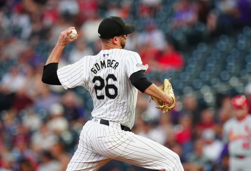 Sep 25, 2024; Denver, Colorado, USA; Colorado Rockies starting pitcher Austin Gomber (26) delivers a pitch in the first inning against the St. Louis Cardinals at Coors Field. Mandatory Credit: Ron Chenoy-Imagn Images