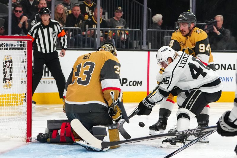 Nov 8, 2023; Las Vegas, Nevada, USA; Vegas Golden Knights goaltender Adin Hill (33) makes a save against Los Angeles Kings center Blake Lizotte (46) during the first period at T-Mobile Arena. Mandatory Credit: Stephen R. Sylvanie-USA TODAY Sports