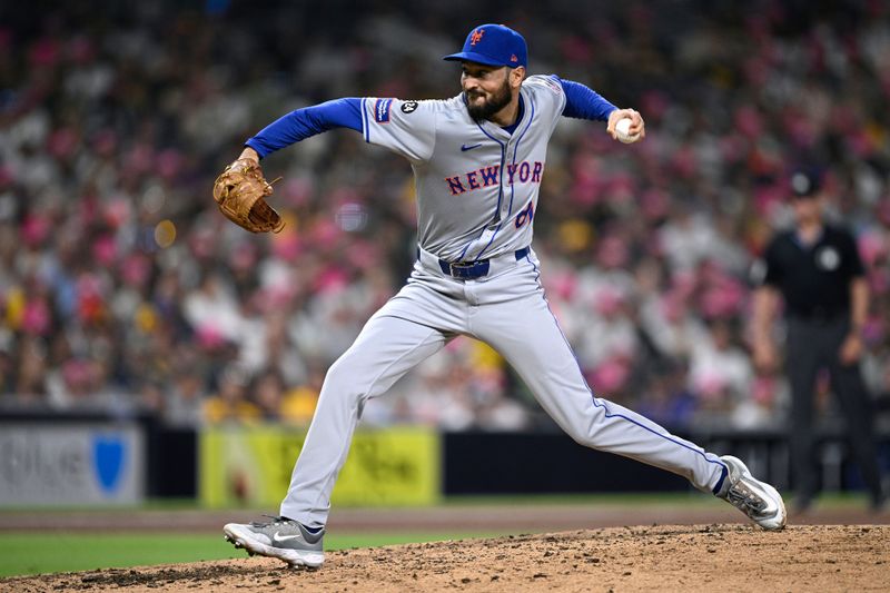 Aug 22, 2024; San Diego, California, USA; New York Mets relief pitcher Danny Young (81) pitches against the San Diego Padres during the sixth inning at Petco Park. Mandatory Credit: Orlando Ramirez-USA TODAY Sports