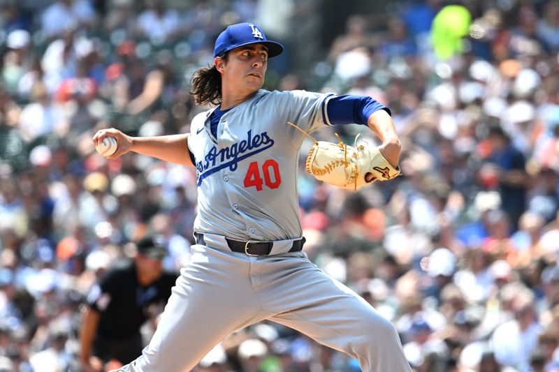 Jul 14, 2024; Detroit, Michigan, USA;  Los Angeles Dodgers starting pitcher Brent Honeywell (40) throws a pitch against the Detroit Tigers in the first inning at Comerica Park. Mandatory Credit: Lon Horwedel-USA TODAY Sports