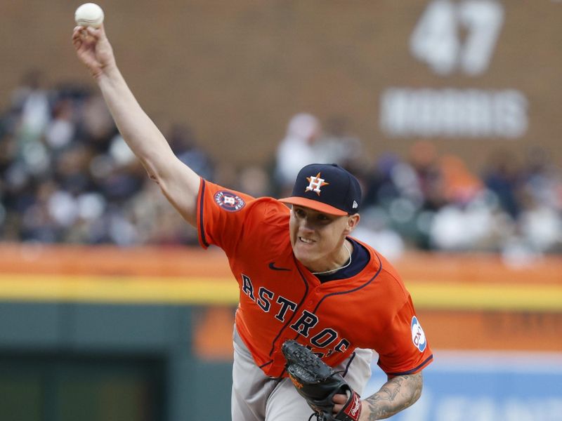 May 11, 2024; Detroit, Michigan, USA; Houston Astros pitcher Hunter Brown (58) throws against the Detroit Tigers during the third inning at Comerica Park. Mandatory Credit: Brian Bradshaw Sevald-USA TODAY Sports