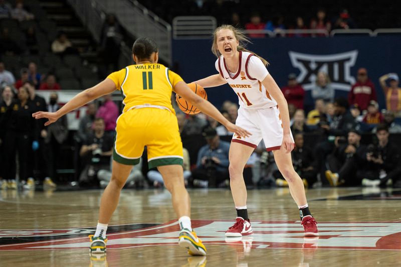 Mar 9, 2024; Kansas City, MO, USA; Iowa State Cyclones guard Emily Ryan (11) calls a play while defended by Baylor Lady Bears guard Jada Walker (11) during the second half at T-Mobile Center. Mandatory Credit: Amy Kontras-USA TODAY Sports