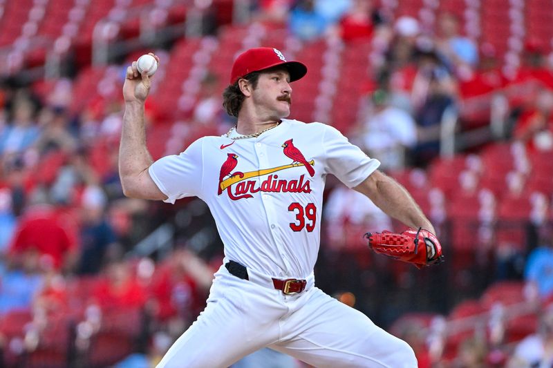 May 7, 2024; St. Louis, Missouri, USA;  St. Louis Cardinals starting pitcher Miles Mikolas (39) pitches against the New York Mets during the first inning at Busch Stadium. Mandatory Credit: Jeff Curry-USA TODAY Sports