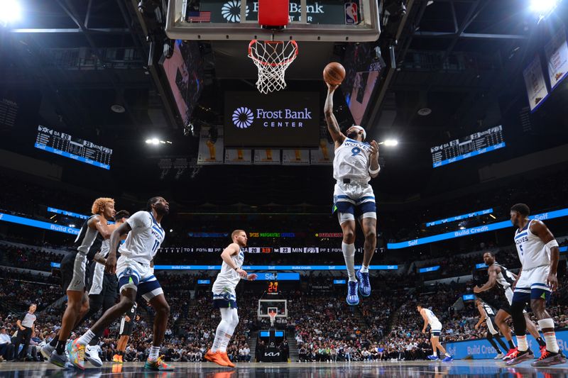 SAN ANTONIO, TX - NOVEMBER 2: Nickeil Alexander-Walker #9 of the Minnesota Timberwolves goes up for the rebound during the game against the San Antonio Spurs on November 2, 2024 at the Frost Bank Center in San Antonio, Texas. NOTE TO USER: User expressly acknowledges and agrees that, by downloading and or using this photograph, user is consenting to the terms and conditions of the Getty Images License Agreement. Mandatory Copyright Notice: Copyright 2024 NBAE (Photos by Michael Gonzales/NBAE via Getty Images)