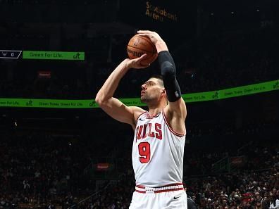 TORONTO, CANADA - NOVEMBER 24:  Nikola Vucevic #9 of the Chicago Bulls shoots the ball during the game  during the In-Season Tournament on November 24, 2023 at the Scotiabank Arena in Toronto, Ontario, Canada.  NOTE TO USER: User expressly acknowledges and agrees that, by downloading and or using this Photograph, user is consenting to the terms and conditions of the Getty Images License Agreement.  Mandatory Copyright Notice: Copyright 2023 NBAE (Photo by Vaughn Ridley/NBAE via Getty Images)