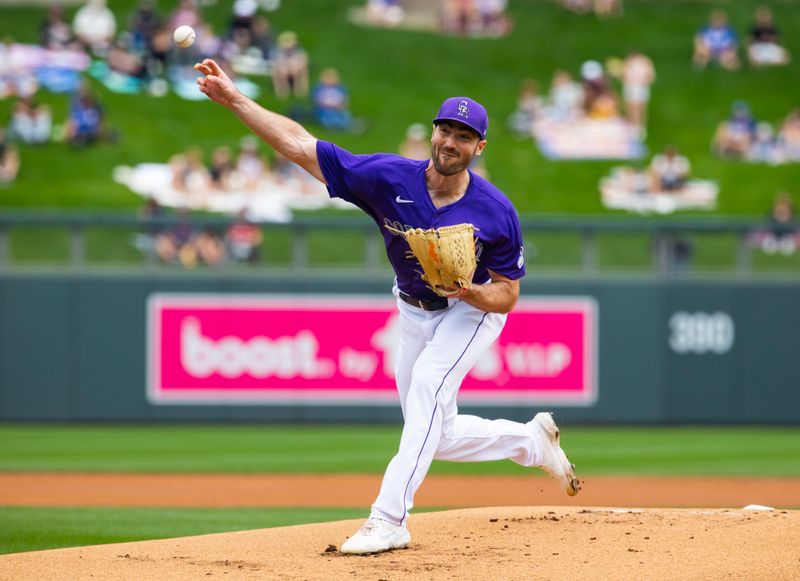 Feb 26, 2024; Salt River Pima-Maricopa, Arizona, USA; Colorado Rockies pitcher John Curtiss against the Los Angeles Dodgers during a spring training game at Salt River Fields at Talking Stick. Mandatory Credit: Mark J. Rebilas-USA TODAY Sports