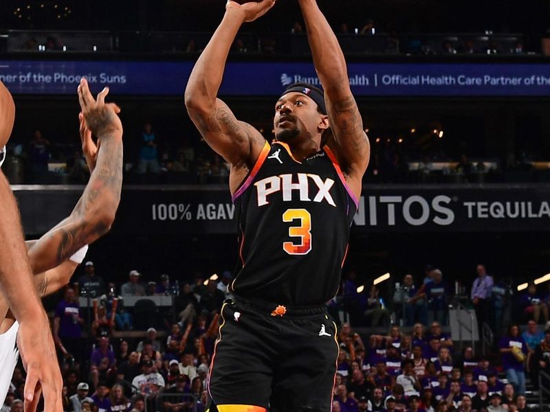 PHOENIX, AZ - APRIL  26: Bradley Beal #3 of the Phoenix Suns shoots the ball during the game against the Minnesota Timberwolves on April 26, 2024 at Footprint Center in Phoenix, Arizona. NOTE TO USER: User expressly acknowledges and agrees that, by downloading and or using this photograph, user is consenting to the terms and conditions of the Getty Images License Agreement. Mandatory Copyright Notice: Copyright 2024 NBAE (Photo by Kate Frese/NBAE via Getty Images)