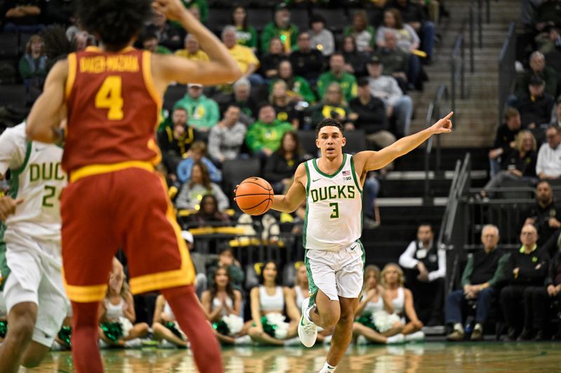 Dec 2, 2025; Eugene, Oregon, USA; Oregon Ducks guard Jackson Shelstad (3) directs the offense during the first half against the Southern California Trojans at Matthew Knight Arena. Mandatory Credit: Craig Strobeck-Imagn Images