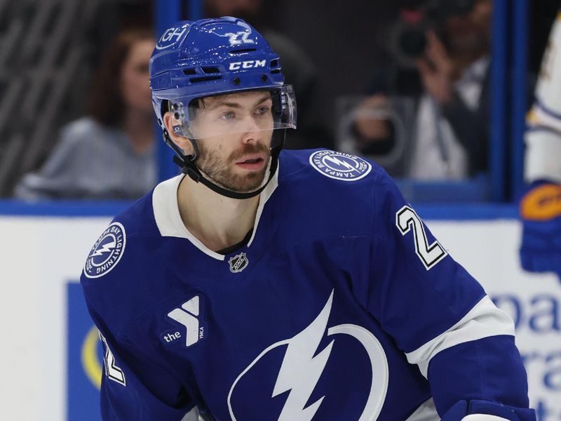 Mar 6, 2025; Tampa, Florida, USA; Tampa Bay Lightning right wing Oliver Bjorkstrand (22) skates against the Buffalo Sabres during the third period at Amalie Arena. Mandatory Credit: Kim Klement Neitzel-Imagn Images