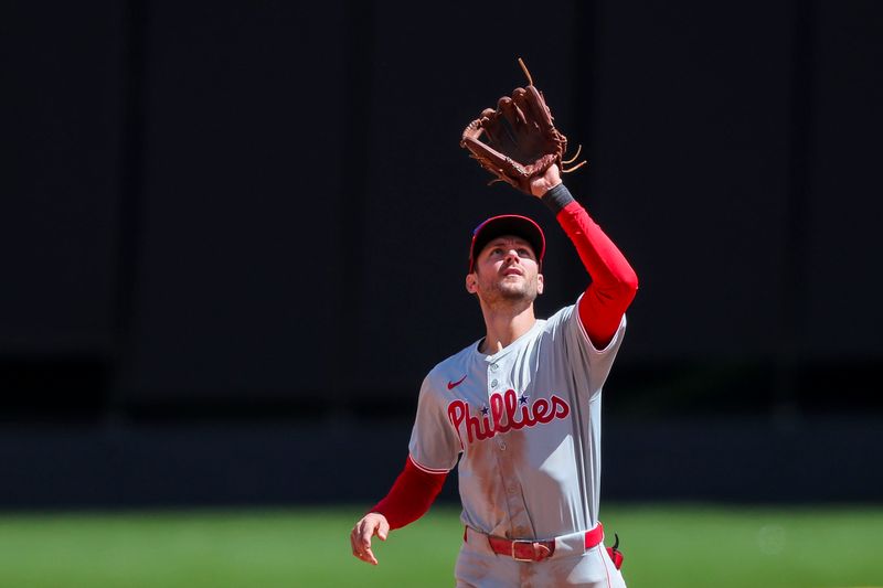 Apr 25, 2024; Cincinnati, Ohio, USA; Philadelphia Phillies shortstop Trea Turner (7) catches a pop up hit by Cincinnati Reds third baseman Jeimer Candelario (not pictured) in the seventh inning at Great American Ball Park. Mandatory Credit: Katie Stratman-USA TODAY Sports