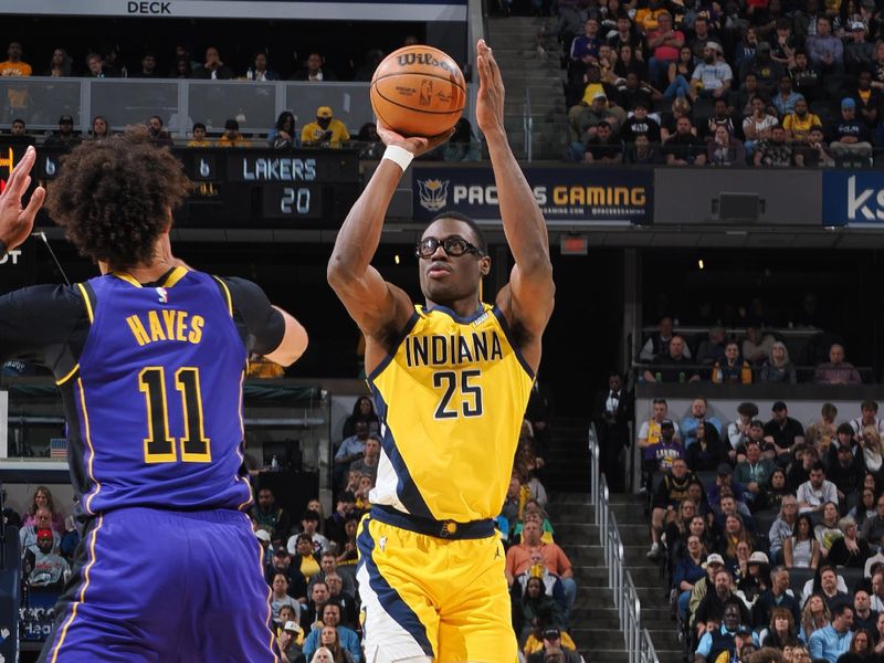 INDIANAPOLIS, IN - MARCH 29: Jalen Smith #25 of the Indiana Pacers shoots the ball during the game against the Los Angeles Lakers on March 29, 2024 at Gainbridge Fieldhouse in Indianapolis, Indiana. NOTE TO USER: User expressly acknowledges and agrees that, by downloading and or using this Photograph, user is consenting to the terms and conditions of the Getty Images License Agreement. Mandatory Copyright Notice: Copyright 2024 NBAE (Photo by Ron Hoskins/NBAE via Getty Images)