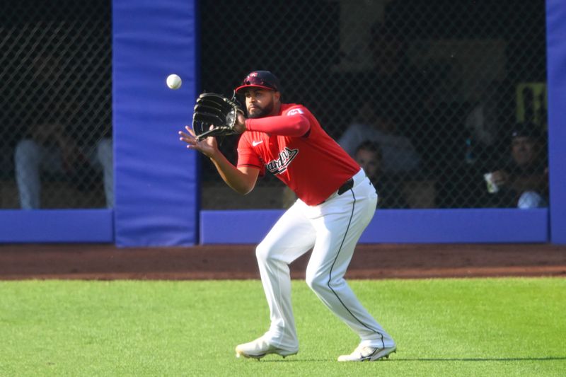 May 21, 2024; Cleveland, Ohio, USA; Cleveland Guardians right fielder Johnathan Rodriguez (30) makes a catch in the first inning against the New York Mets at Progressive Field. Mandatory Credit: David Richard-USA TODAY Sports