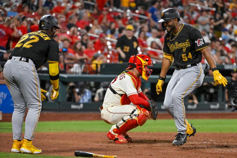 Sep 2, 2023; St. Louis, Missouri, USA;  Pittsburgh Pirates pinch hitter Joshua Palacios (54) celebrates with designated hitter Andrew McCutchen (22) after hitting a go ahead two run home run against the St. Louis Cardinals during the ninth inning at Busch Stadium. Mandatory Credit: Jeff Curry-USA TODAY Sports