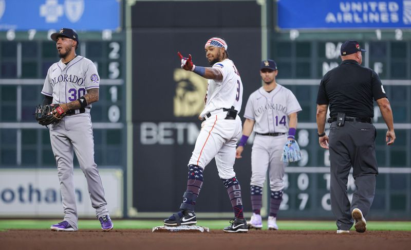 Jul 4, 2023; Houston, Texas, USA; Houston Astros designated hitter Corey Julks (9) reacts after hitting a double during the third inning against the Colorado Rockies at Minute Maid Park. Mandatory Credit: Troy Taormina-USA TODAY Sports