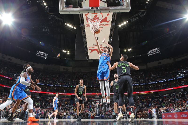 NEW ORLEANS, LA - JANUARY 26: Chet Holmgren #7 of the Oklahoma City Thunder drives to the basket during the game against the New Orleans Pelicans on January 26, 2024 at the Smoothie King Center in New Orleans, Louisiana. NOTE TO USER: User expressly acknowledges and agrees that, by downloading and or using this Photograph, user is consenting to the terms and conditions of the Getty Images License Agreement. Mandatory Copyright Notice: Copyright 2024 NBAE (Photo by Layne Murdoch Jr./NBAE via Getty Images)