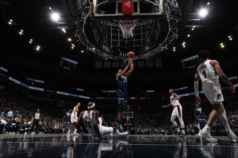 MINNEAPOLIS, MN -  MARCH 4: Rudy Gobert #27 of the Minnesota Timberwolves drives to the basket during the game against the Portland Trail Blazers on March 4, 2024 at Target Center in Minneapolis, Minnesota. NOTE TO USER: User expressly acknowledges and agrees that, by downloading and or using this Photograph, user is consenting to the terms and conditions of the Getty Images License Agreement. Mandatory Copyright Notice: Copyright 2024 NBAE (Photo by Jordan Johnson/NBAE via Getty Images)