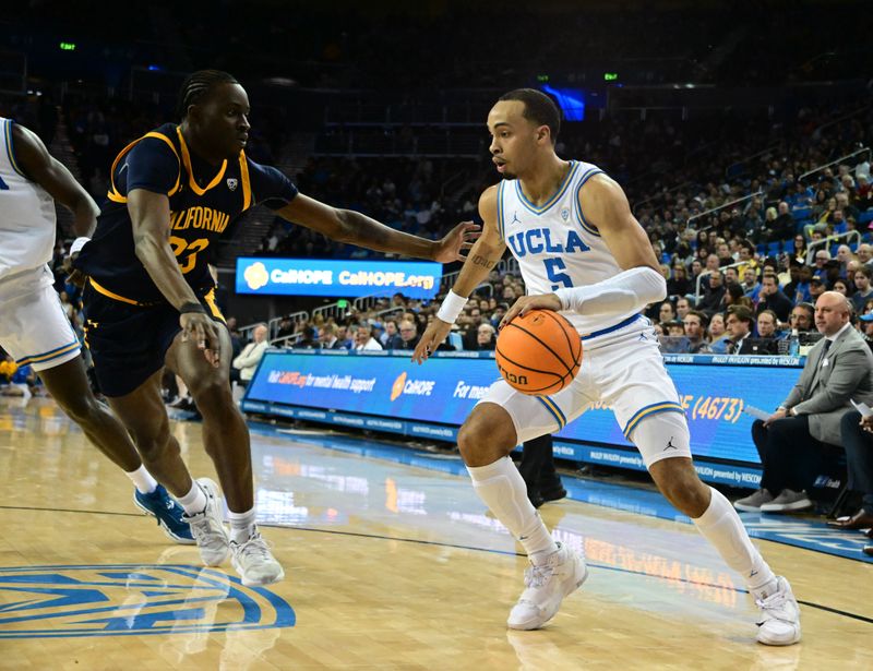 Feb 18, 2023; Los Angeles, California, USA;  UCLA Bruins guard Amari Bailey (5) dribbles against California Golden Bears forward Obinna Anyanwu (23) in a college basketball game at Pauley Pavilion presented by Wescom. Mandatory Credit: Richard Mackson-USA TODAY Sports