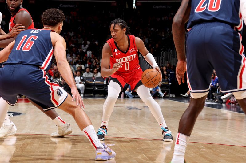 WASHINGTON, DC -? APRIL 9: TyTy Washington #0 of the Houston Rockets handles the ball during the game against the Washington Wizards on April 9, 2023 at Capital One Arena in Washington, DC. NOTE TO USER: User expressly acknowledges and agrees that, by downloading and or using this Photograph, user is consenting to the terms and conditions of the Getty Images License Agreement. Mandatory Copyright Notice: Copyright 2023 NBAE (Photo by Stephen Gosling/NBAE via Getty Images)