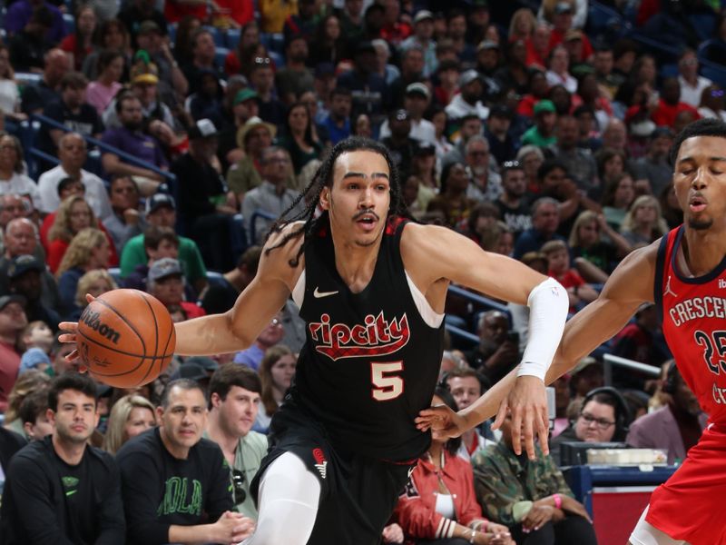 NEW ORLEANS, LA - MARCH 16: Dalano Banton #5 of the Portland Trail Blazers dribbles the ball during the game against the New Orleans Pelicans on March 16, 2024 at the Smoothie King Center in New Orleans, Louisiana. NOTE TO USER: User expressly acknowledges and agrees that, by downloading and or using this Photograph, user is consenting to the terms and conditions of the Getty Images License Agreement. Mandatory Copyright Notice: Copyright 2024 NBAE (Photo by Layne Murdoch Jr./NBAE via Getty Images)