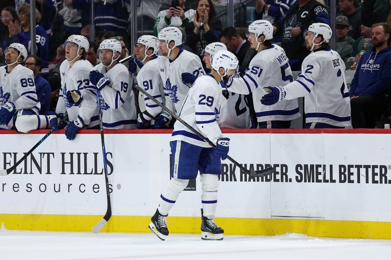 Mar 15, 2026; Saint Paul, Minnesota, USA; Toronto Maple Leafs center Benoit-Olivier Grouix (29) celebrates his goal during the second period at Grand Casino Arena. Mandatory Credit: Matt Krohn-Imagn Images