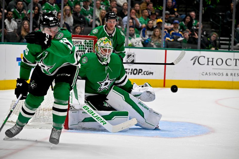 Apr 17, 2024; Dallas, Texas, USA; Dallas Stars defenseman Thomas Harley (55) and goaltender Jake Oettinger (29) and center Radek Faksa (12) faces the St. Louis Blues attack during the third period at the American Airlines Center. Mandatory Credit: Jerome Miron-USA TODAY Sports