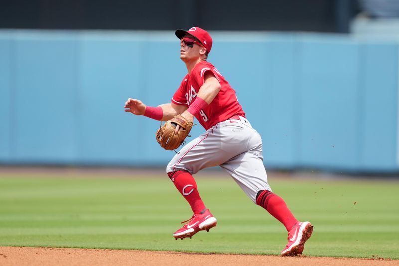 Jul 30, 2023; Los Angeles, California, USA; Cincinnati Reds shortstop Matt McLain (9) during the game against the Los Angeles Dodgers at Dodger Stadium. Mandatory Credit: Kirby Lee-USA TODAY Sports