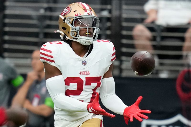 San Francisco 49ers safety Ji'Ayir Brown (27) warms up before an NFL football game against the Las Vegas Raiders, Sunday, Aug. 13, 2023, in Las Vegas. (AP Photo/John Locher)