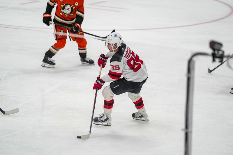Nov 2, 2025; Anaheim, California, USA;  New Jersey Devils Center Jack Hughes (86) on a break away during the third period at Honda Center. Mandatory Credit: Corinne Votaw-Imagn Images