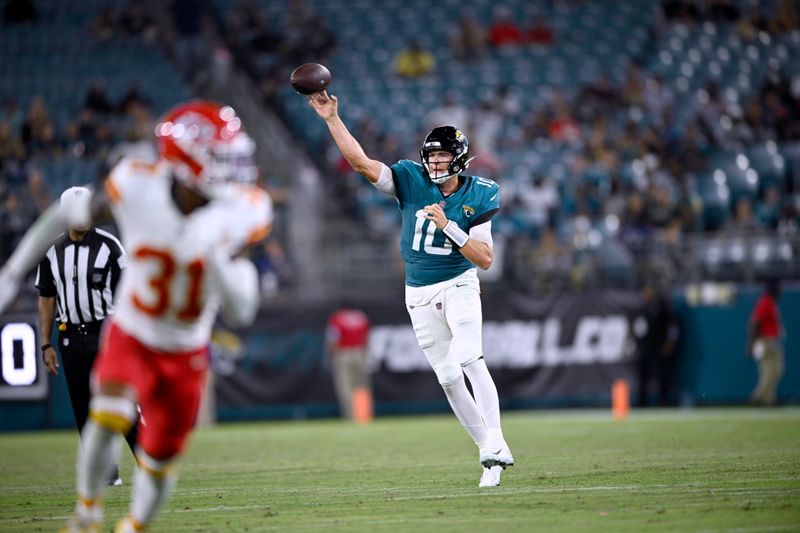 Jacksonville Jaguars quarterback Mac Jones throws during the second half of an NFL preseason football game against the Kansas City Chiefs Saturday, Aug. 10, 2024, in Jacksonville, Fla. (AP Photo/Phelan M. Ebenhack)