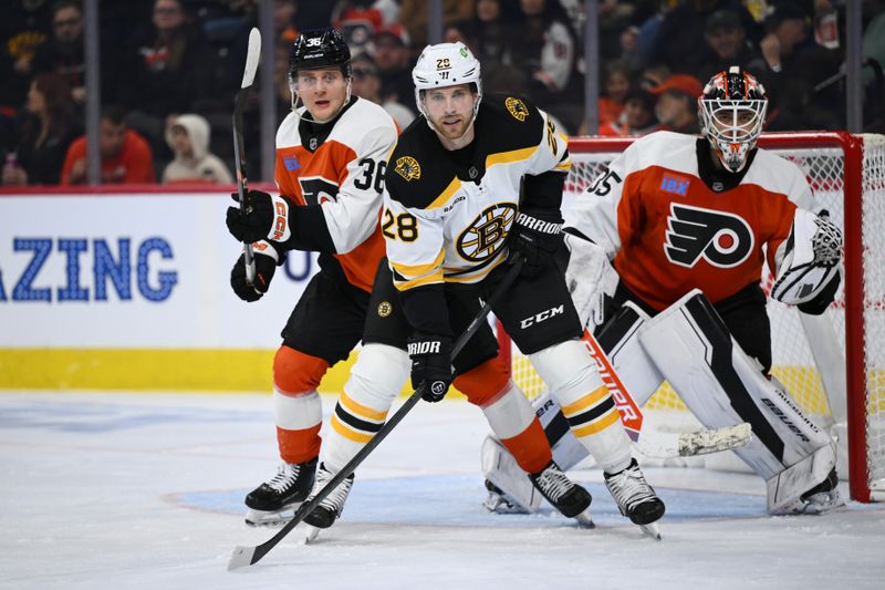 Nov 2, 2024; Philadelphia, Pennsylvania, USA; Boston Bruins center Elias Lindholm (28) battles for position against Philadelphia Flyers defenseman Emil Andrae (36) in the third period at Wells Fargo Center. Mandatory Credit: Kyle Ross-Imagn Images