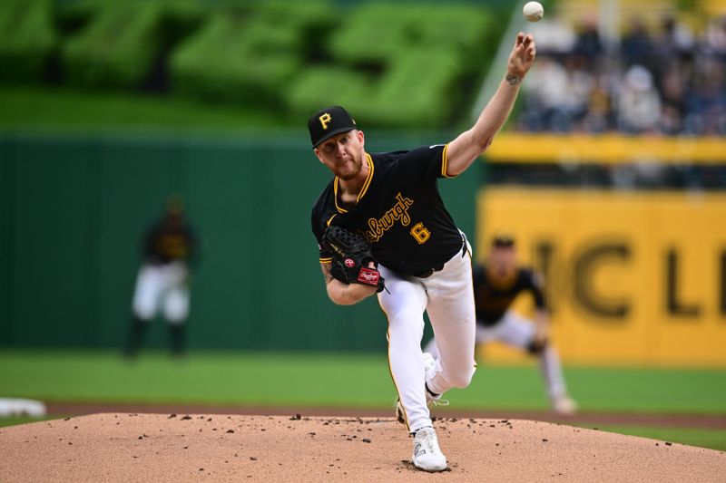 May 3, 2025; Pittsburgh, Pennsylvania, USA; Pittsburgh Pirates starting pitcher Bailey Falter (6) throws a pitch during the first inning against the San Diego Padres at PNC Park. Mandatory Credit: David Dermer-Imagn Images