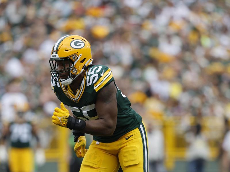 Green Bay Packers linebacker Kingsley Enagbare (55) during a NFL football game against the New Orleans Saints Sunday, Sept. 24, 2023, in Green Bay, Wis. (AP Photo/Jeffrey Phelps)