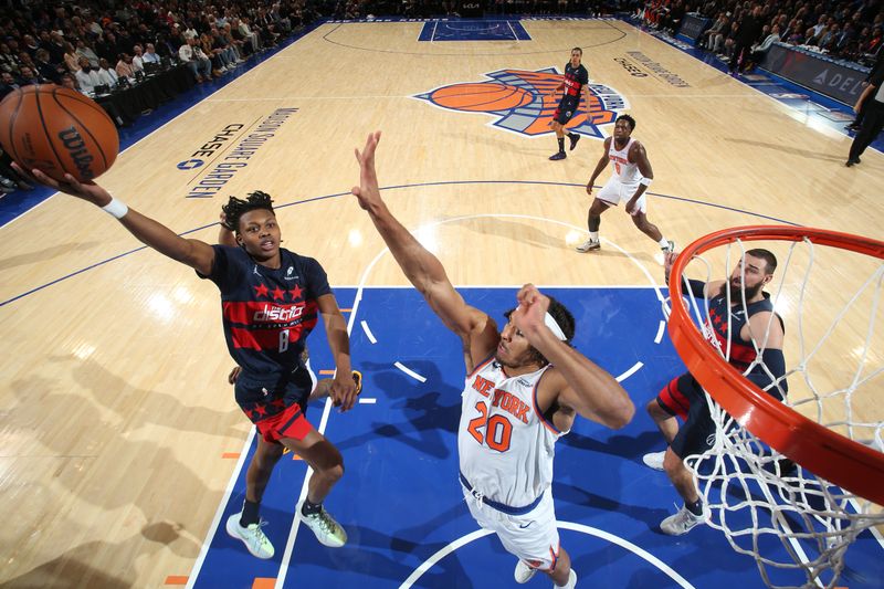 NEW YORK, NY - NOVEMBER 18: Bub Carrington #8 of the Washington Wizards drives to the basket during the game against the New York Knicks on November 18, 2024 at Madison Square Garden in New York City, New York.  NOTE TO USER: User expressly acknowledges and agrees that, by downloading and or using this photograph, User is consenting to the terms and conditions of the Getty Images License Agreement. Mandatory Copyright Notice: Copyright 2024 NBAE  (Photo by Nathaniel S. Butler/NBAE via Getty Images)